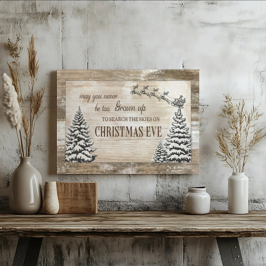 Christmas Wall Art | Santa Sleigh Pine Trees Canvas | Rustic Holiday Home Decor | Magical Christmas Eve Quote Sign Gift for Family