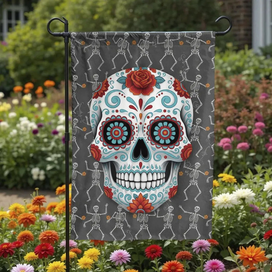 Sugar Skull Garden Flag | Floral Calavera & Dancing Skeletons | Weather Resistant Double Sided Banner | Outdoor Yard Decor Gift for Dia De Los Muertos
