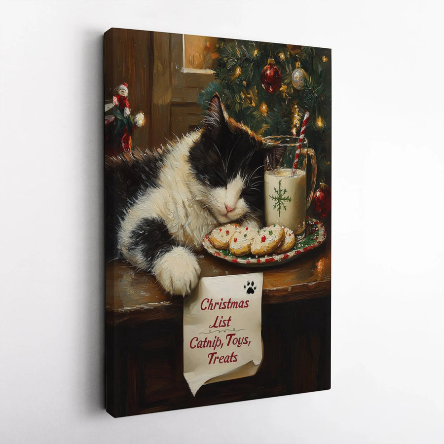 Christmas Cat Sleeping Canvas Art | Whimsical Holiday Painting Print | 1.25-Inch Premium Gallery Wrap | Festive Gift for Cat Lovers