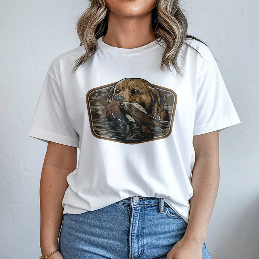 Duck Hunting T-Shirt | Labrador Retriever Fetching Mallard Graphic | 100% Cotton Premium Tee | Outdoor Wildlife Gift For Hunters