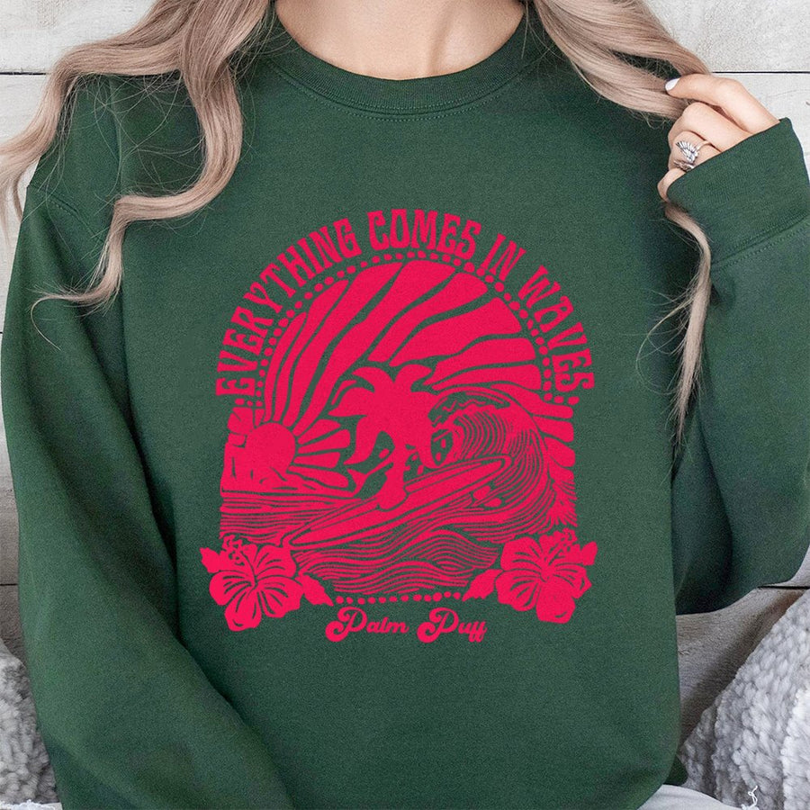 Surfing Graphic Sweatshirt | Everything Comes In Waves Retro Design | Premium Cotton Blend | Gift For Beach Lovers And Surfers