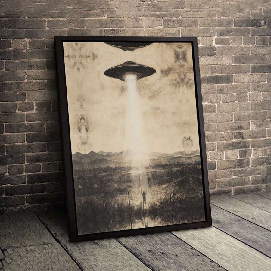 UFO Abduction Canvas Wall Art | Vintage Alien Spaceship Beam Poster | Premium Gallery Wrap Decor | Sci-Fi Collector's Gift for Home Office