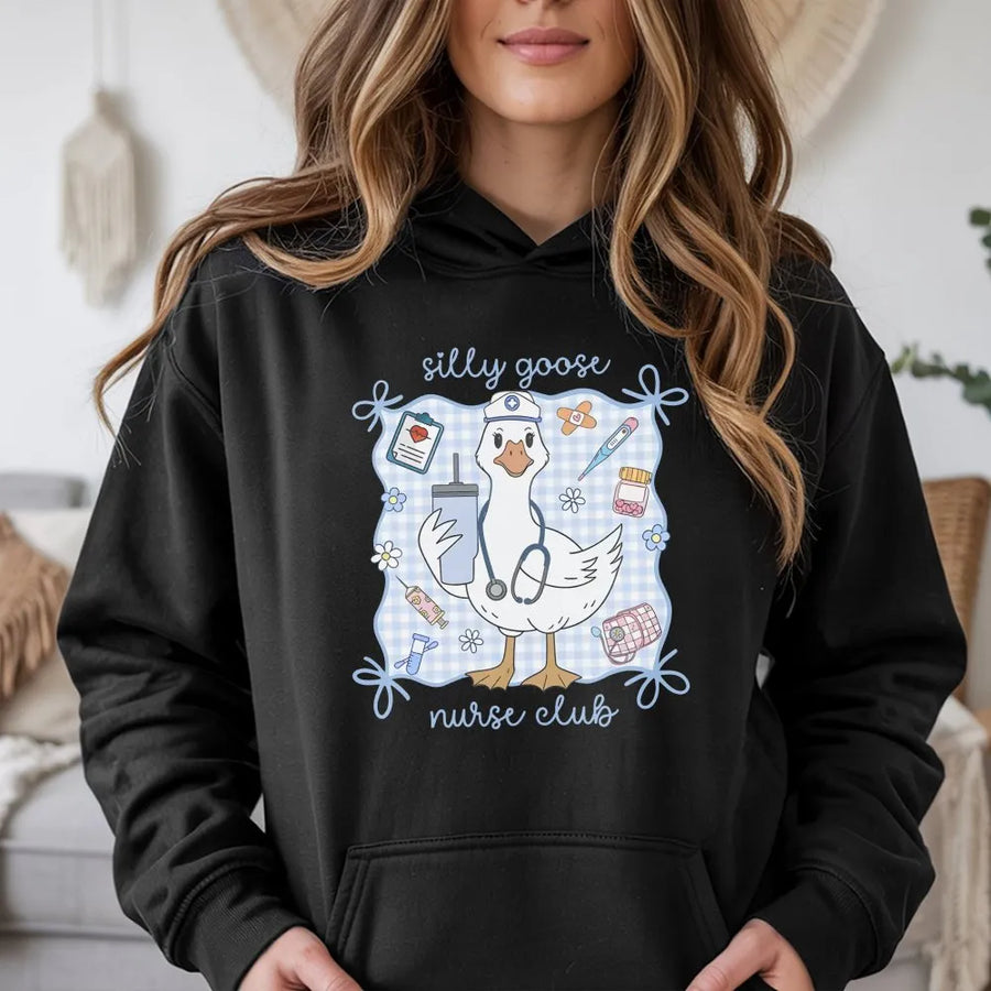 Silly Goose Nurse Club Hoodie | Funny Cartoon Goose Graphic | Premium Comfort Colors Cotton Tee | Gift for RN, Nursing Student, ER Nurse