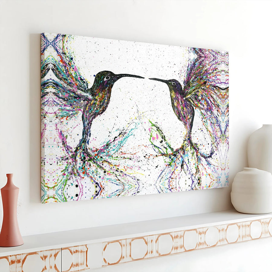 Abstract Hummingbirds Horizontal Canvas | Colorful Paint Splatter Bird Art | 1.25 Inch Gallery Wrap Premium Canvas | Living Room Wall Decor, Nature Lover Gift