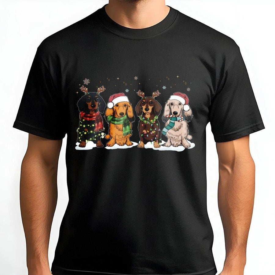 Dachshund Christmas T-Shirt | Festive Dog With Santa Hats Design | Premium 100% Cotton | Cute Holiday Gift For Dog Lovers
