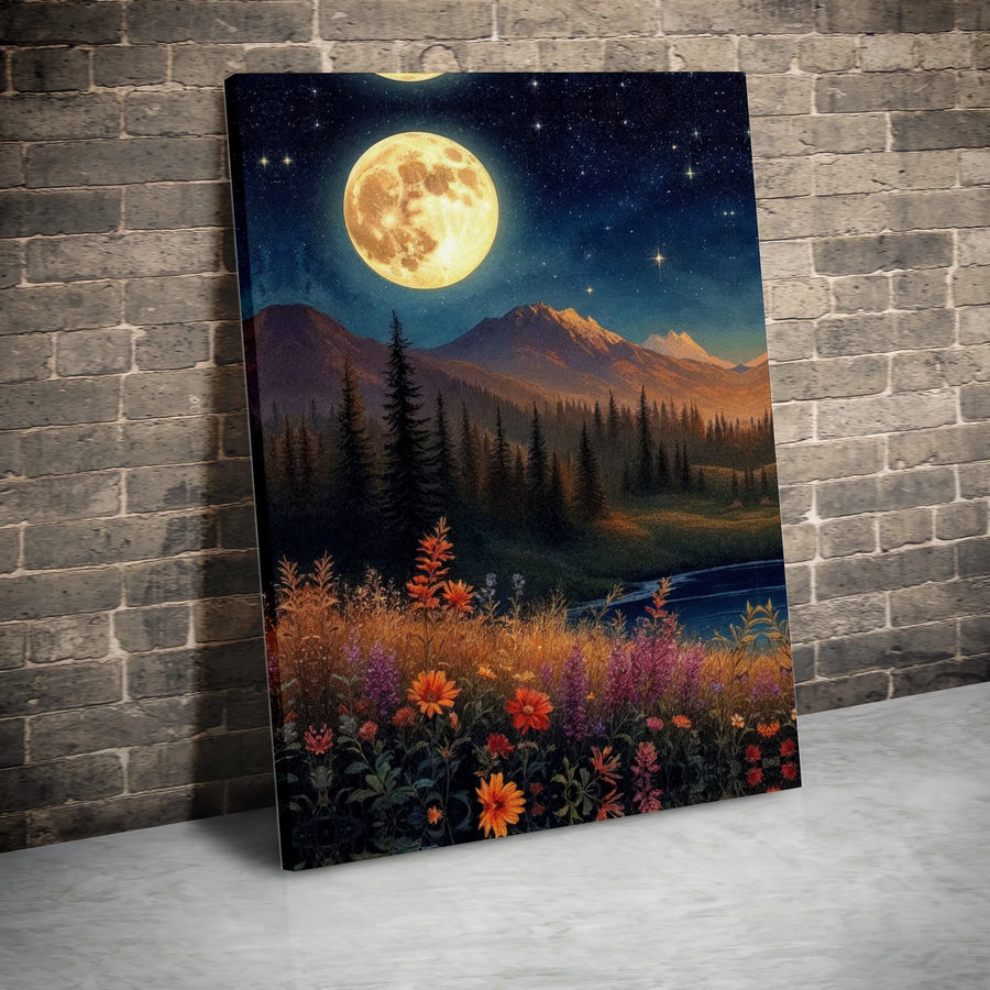 Full Moon Mountain Forest Canvas Art | Night Sky Wildflower Meadow Print | Premium 1.25" Gallery Wrapped Wall Decor | Nature Lover Gift