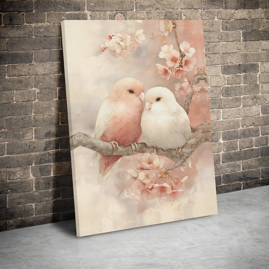 Watercolor Lovebirds Canvas Print | Romantic Cherry Blossom Wall Art | Premium Gallery Wrap | Floral Decor Gift for Bird Lovers