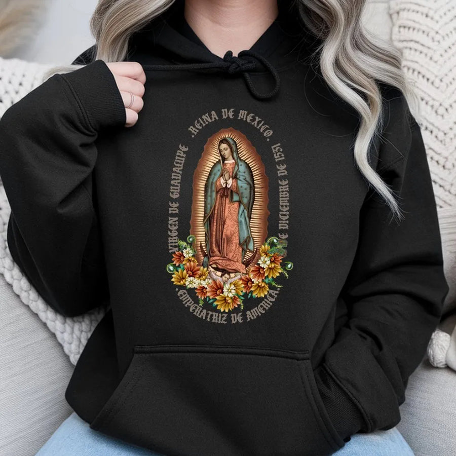 Virgen De Guadalupe Hoodie | Floral Religious Graphic Design | Premium Cotton Blend | Catholic Gift For Women And Men
