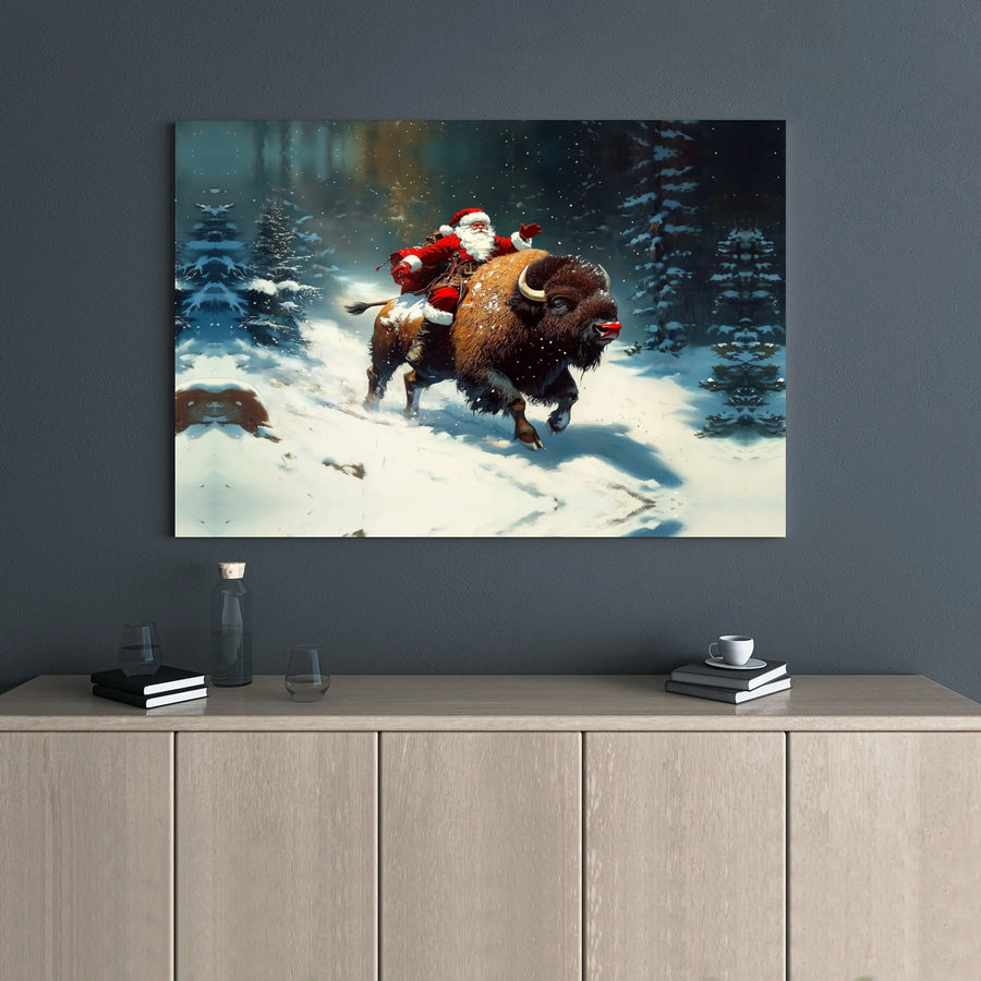 Santa Riding Bison Canvas Wall Art | Whimsical Snowy Forest Christmas Decor | 1.25 Inch Premium Gallery Wrap | Unique Holiday Gift for Wildlife Lovers