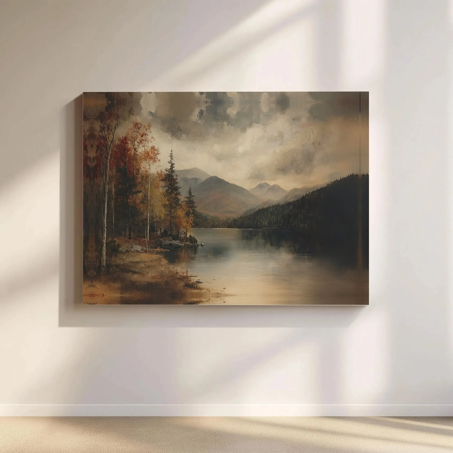 Autumn Mountain Lake Canvas Wall Art | Moody Forest Oil Painting Print | Premium Gallery Wrapped Canvas | Rustic Cabin & Farmhouse Decor Gift