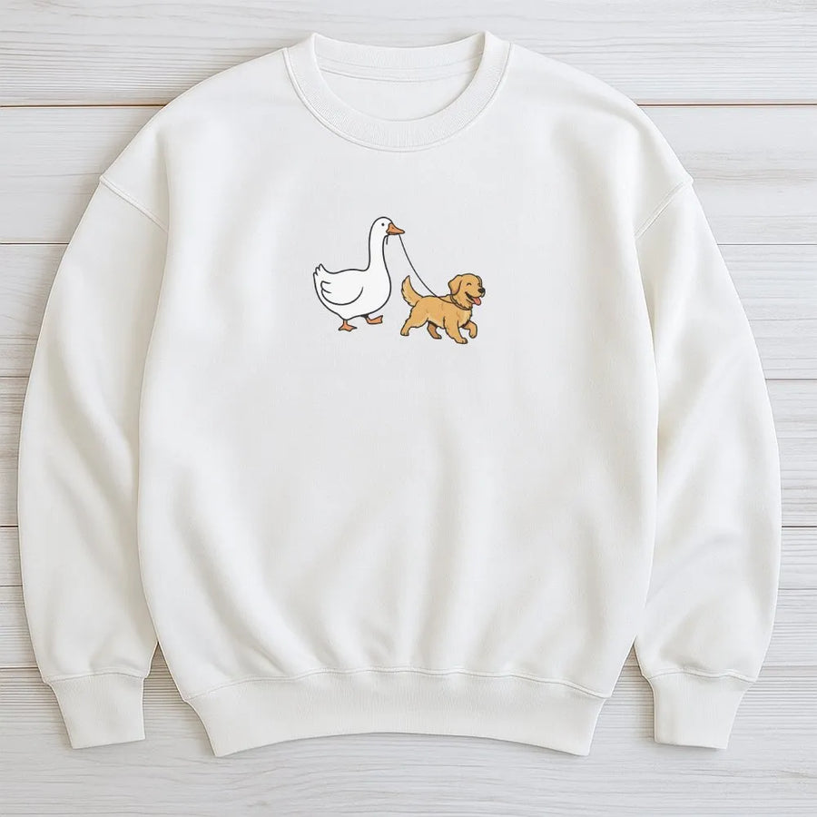 Silly Goose Golden Retriever Sweatshirt | Funny Goose Walking Dog Graphic | Premium Cotton Blend | Gift for Dog Lover