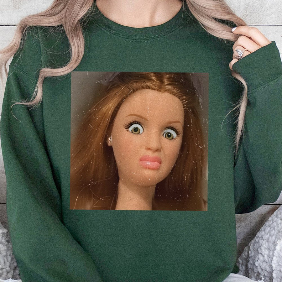 Funny Doll Face Meme Sweatshirt | Shocked Expression Graphic Tee | Premium Cotton Blend | Unisex Gift For Sarcastic Humor Lovers
