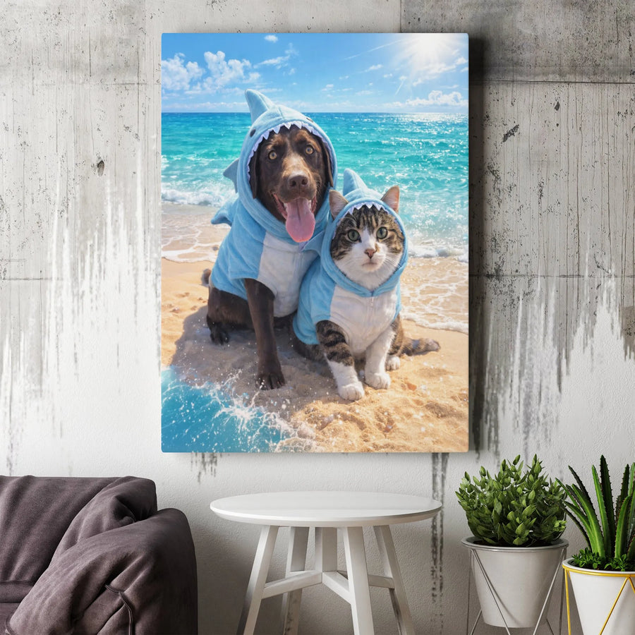 Funny Dog and Cat Wall Art | Pets in Shark Costumes on Beach | Premium Canvas Print | Gift for Pet Lover & Nursery Decor