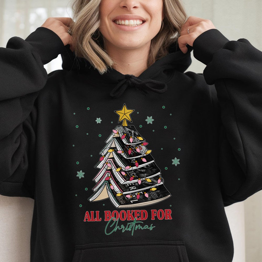 All Booked For Christmas Hoodie | Book Lover Christmas Tree Graphic | Premium Cotton Blend Sweatshirt | Cozy Gift For Readers And Librarians