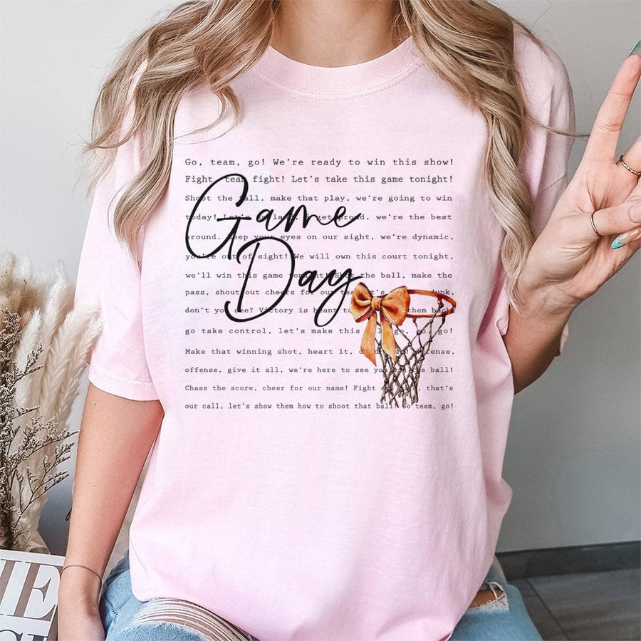 Game Day Basketball T-Shirt | Coquette Aesthetic Bow Hoop Graphic | Premium 100% Cotton Tee | Trendy Sports Mom Gift for Basketball Season