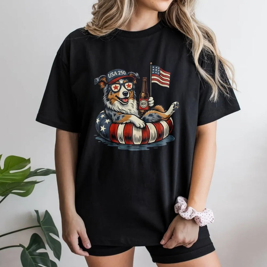 USA 250th Anniversary Dog T-Shirt | Patriotic Aussie Shepherd with American Flag | Premium Unisex Pullover | Independence Day Gift for Dog Lover