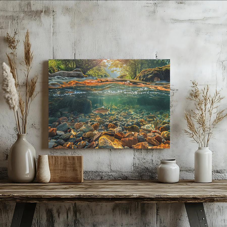 Trout Fishing River Canvas Art | Split Level Underwater Nature View | Premium 1.25" Gallery Wrap | Perfect Gift for Fly Fisherman