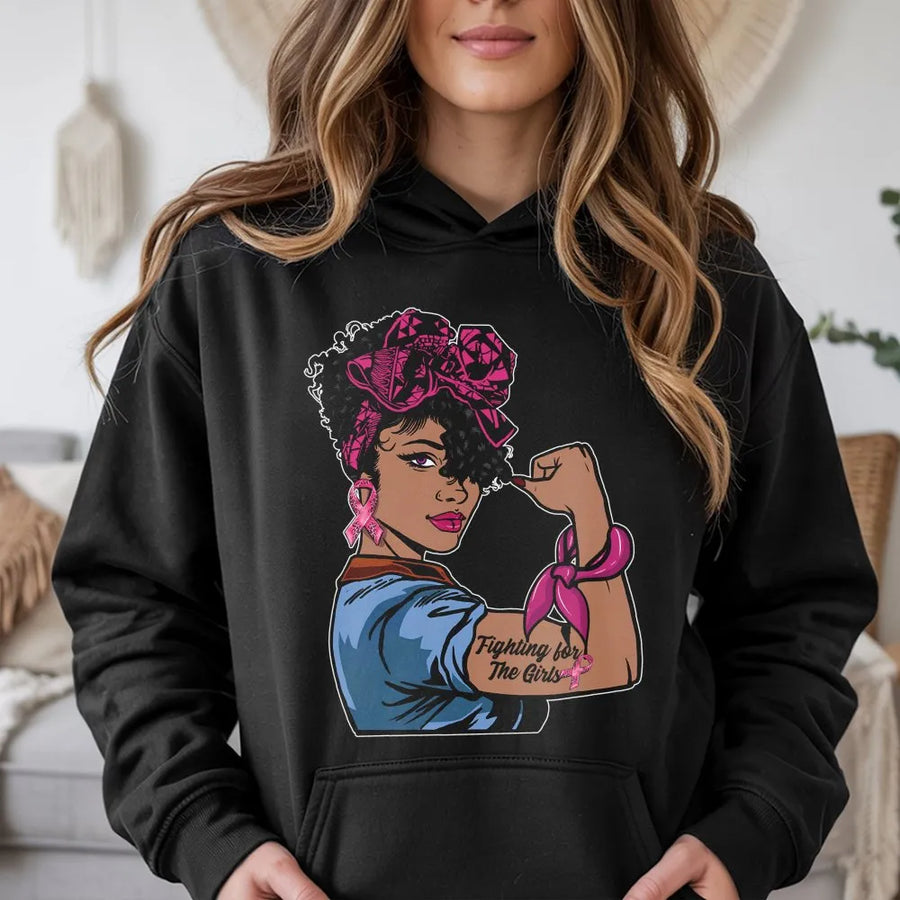 Breast Cancer Awareness Hoodie | Black Woman Fighting For The Girls Design | Premium Cotton Blend | Inspirational Gift For Survivors And Supporters