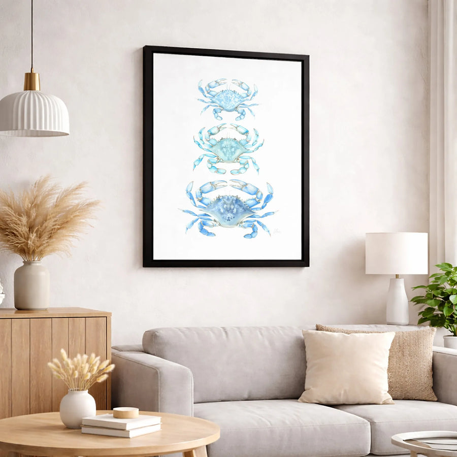 Blue Crab Wall Art | Triple Stacked Coastal Watercolor Print | Gallery Quality 1.25" Stretched Canvas | Beach House Decor Gift for Ocean Lovers