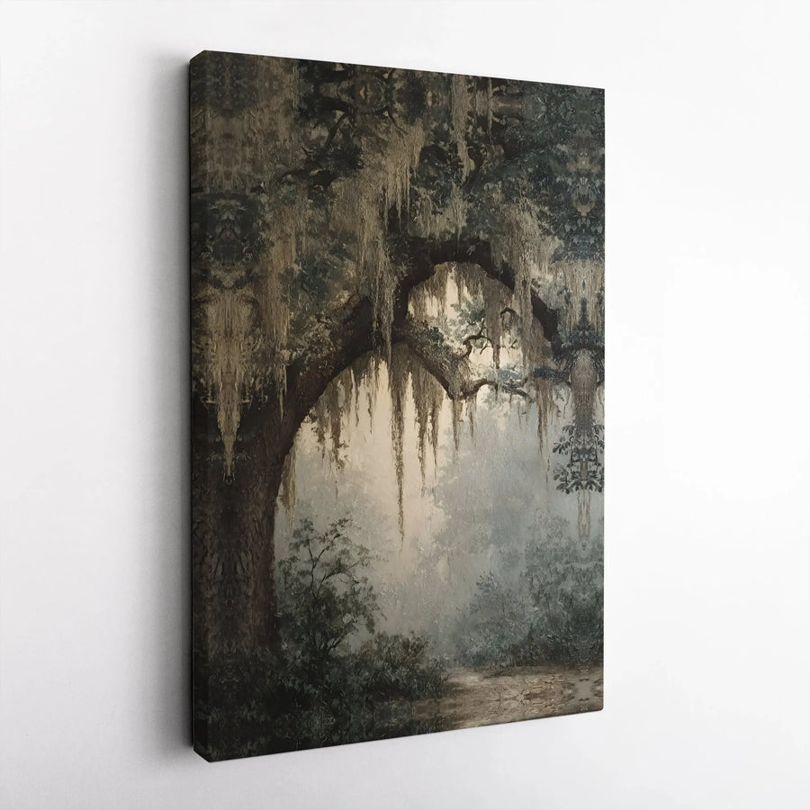 Mystical Oak Tree Canvas Print | Moody Forest Landscape with Spanish Moss | Premium Canvas Art Print | Collector's Living Room Wall Decor
