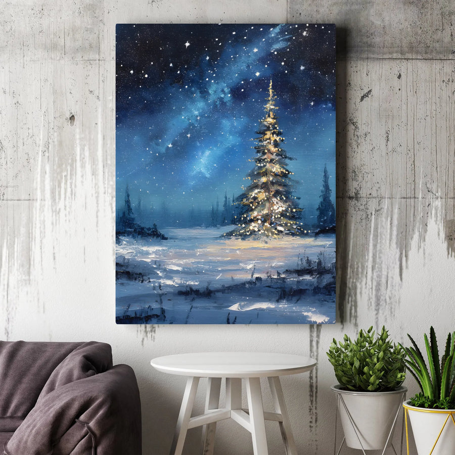 Christmas Tree Canvas Wall Art | Snowy Night Landscape Painting | Premium Gallery Wrap Print | Festive Holiday Home Decor Gift