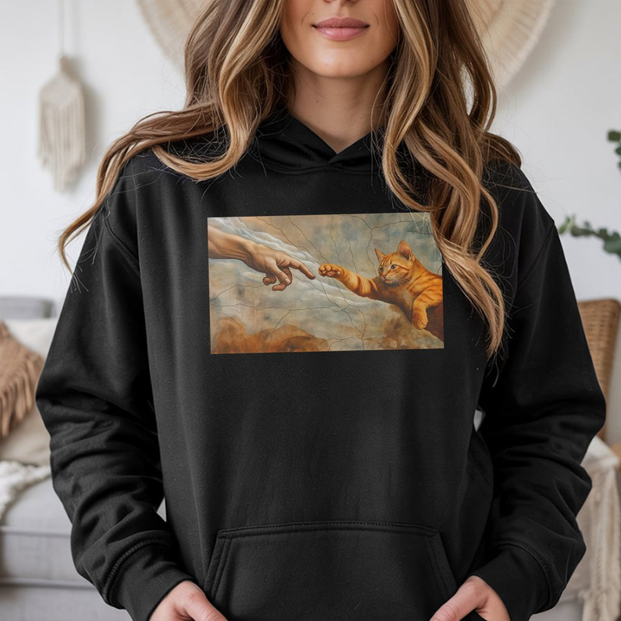 Cat Creation Of Adam Hoodie | Funny Art Parody Sweatshirt | Soft Cotton-Blend Premium Apparel | Whimsical Gift For Cat Lovers And Art Fans