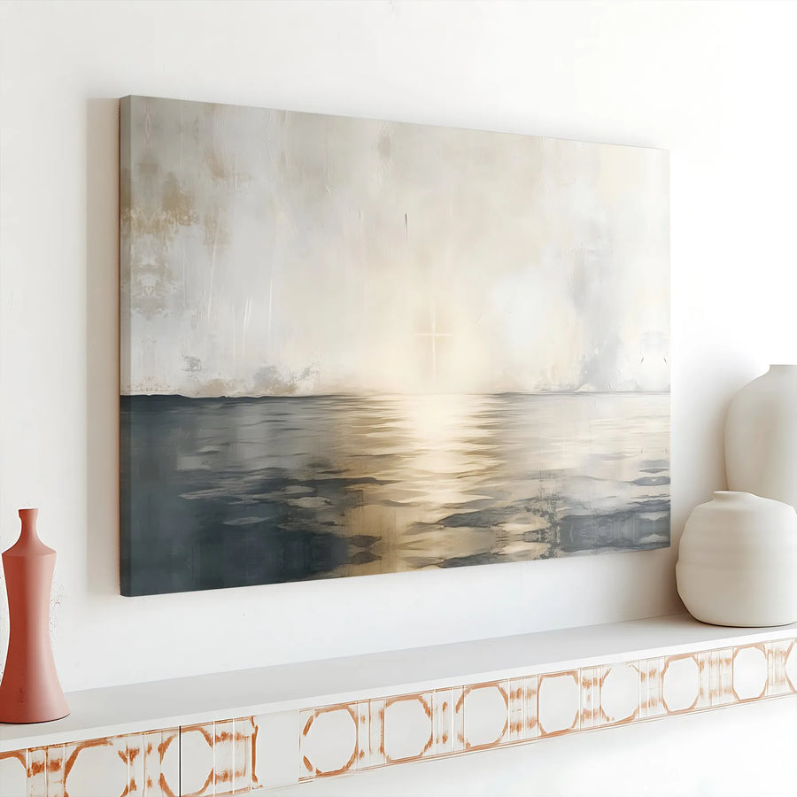 Abstract Seascape Canvas Wall Art | Glowing Cross Ocean Horizon Print | 1.25 Inch Gallery Wrap | Minimalist Modern Religious Home Decor Gift