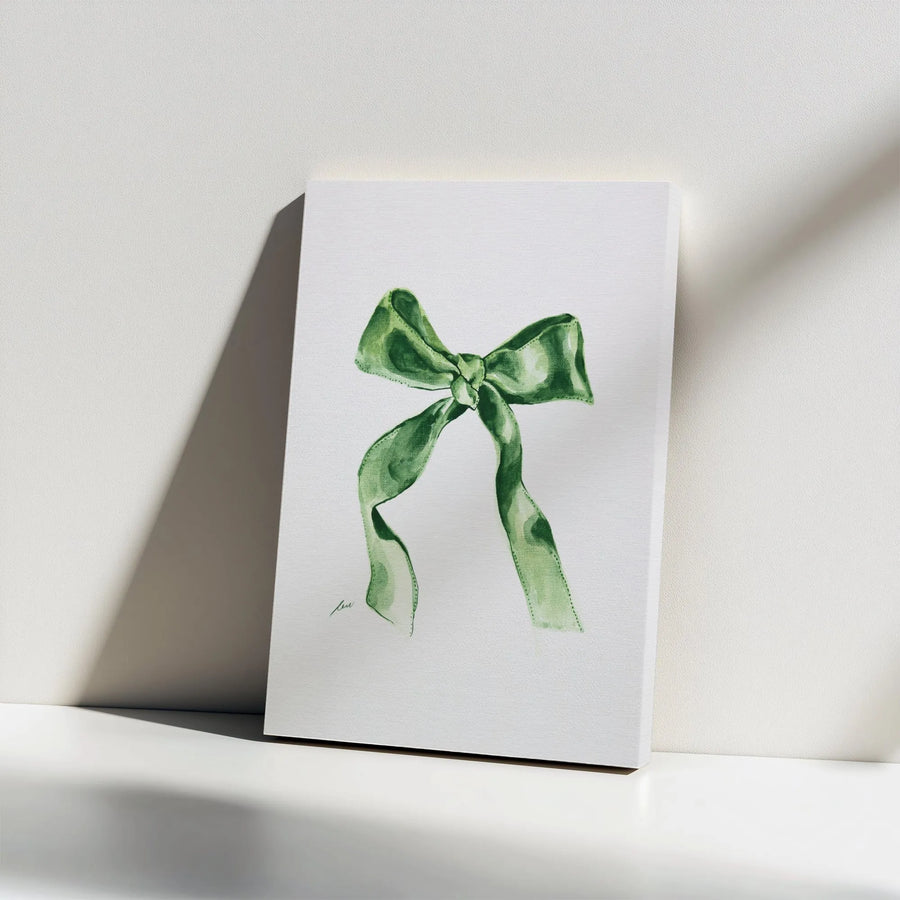 Green Ribbon Bow Canvas Wall Art | Watercolor Style Painting | Premium 1.25" Thick Gallery Wrap | Preppy Nursery & Farmhouse Wall Decor Gift
