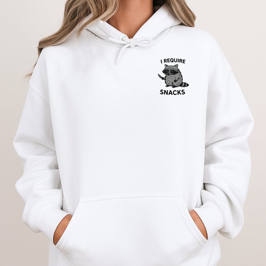 I Require Snacks Raccoon Hoodie | Cute Trash Panda Graphic Sweatshirt | Premium Cotton-Poly Blend | Funny Animal Lover Gift for Teens and Adults