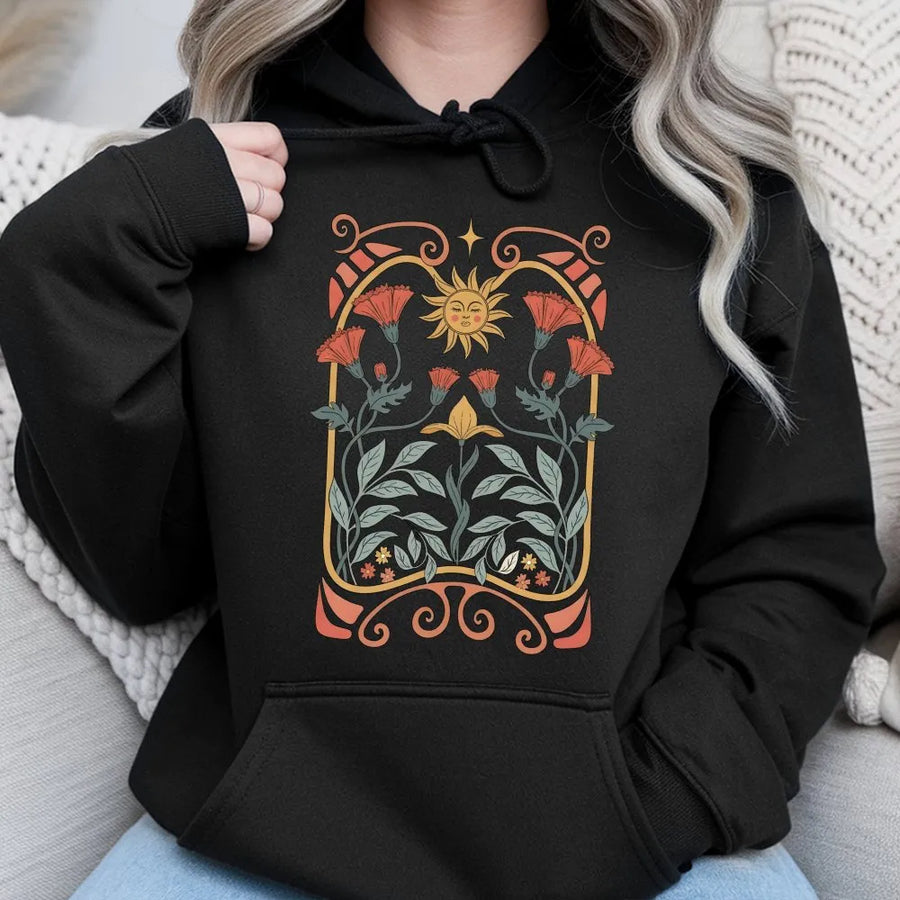 Art Nouveau Floral Hoodie | Mystical Sun & Wildflower Graphic | Premium Comfort Colors Cotton Shirt | Boho Hippie Style Gift for Her