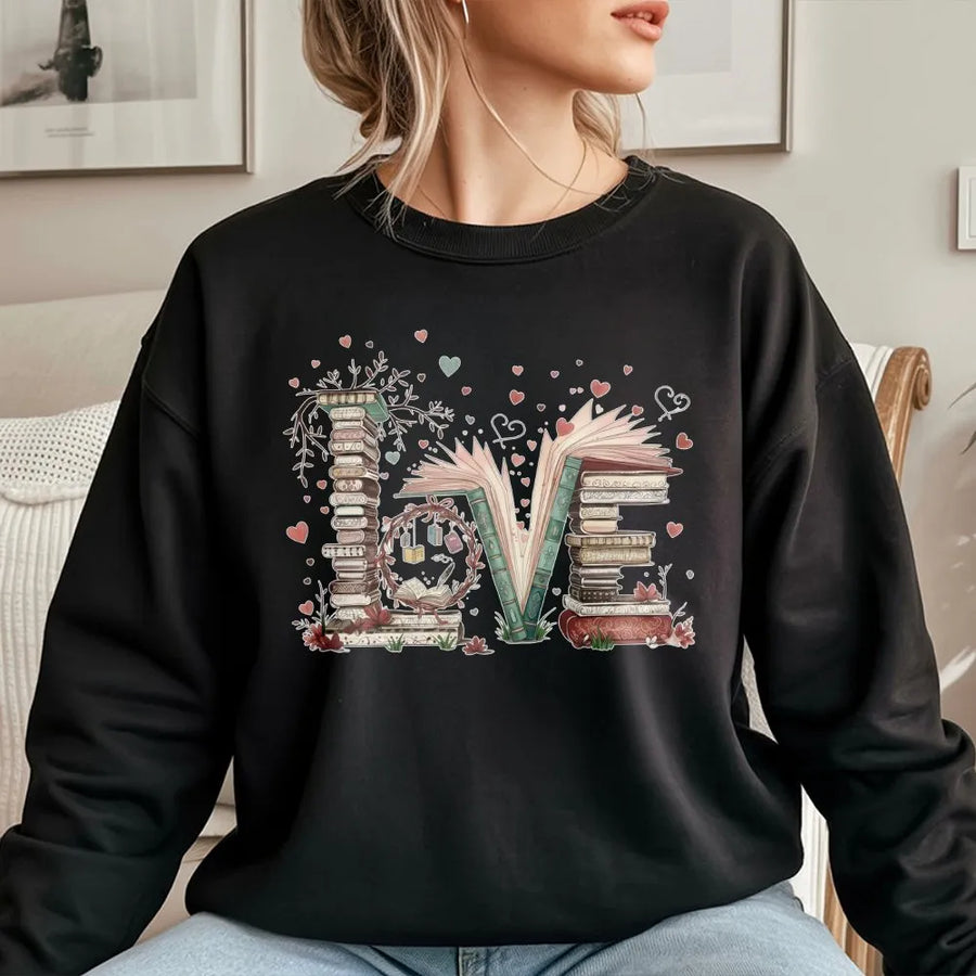 Book Lover Sweatshirt | Romantic Stacked Books LOVE Design | Premium Cotton Blend | Gift for Readers, Librarians, Bookish Aesthetic
