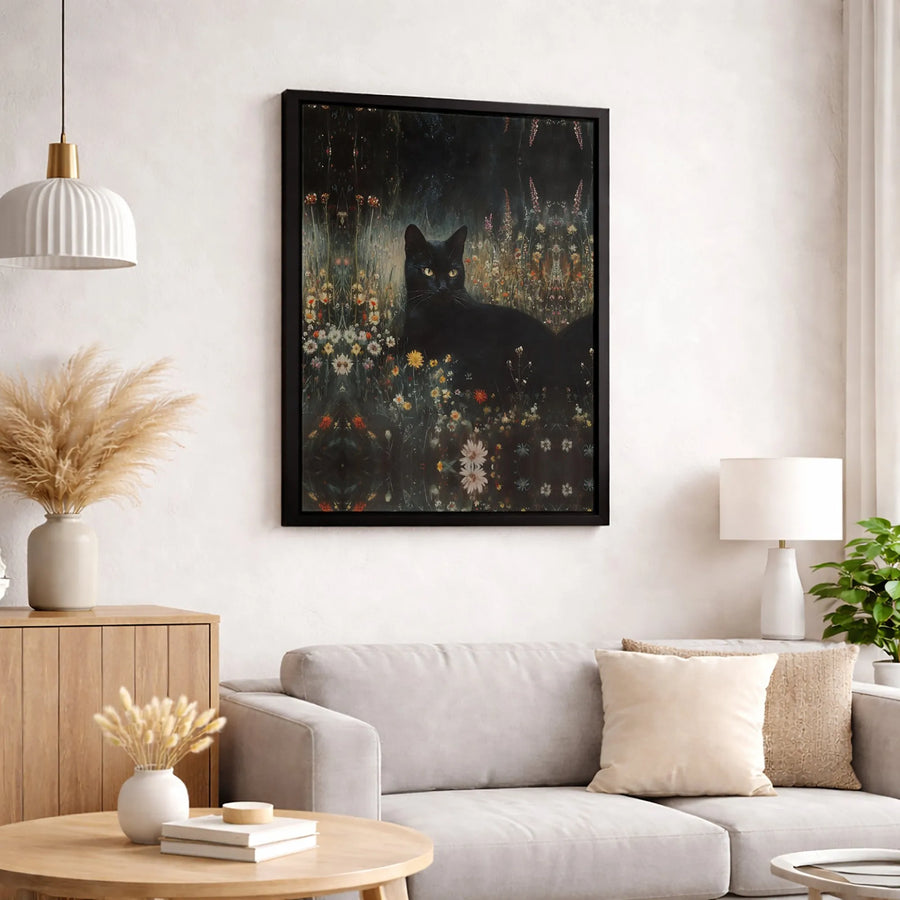 Black Cat Wall Art | Whimsical Wildflower Garden Print | Gallery Quality 1.25” Canvas | Moody Animal Decor Gift for Cat Lovers