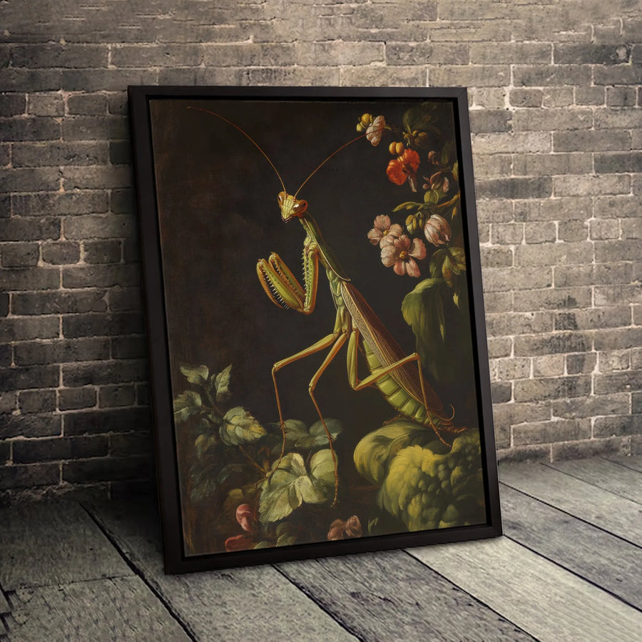 Praying Mantis Wall Art | Vintage Botanical Insect Painting | Premium Gallery-Wrapped Canvas | Unique Nature Lover Home Decor Gift