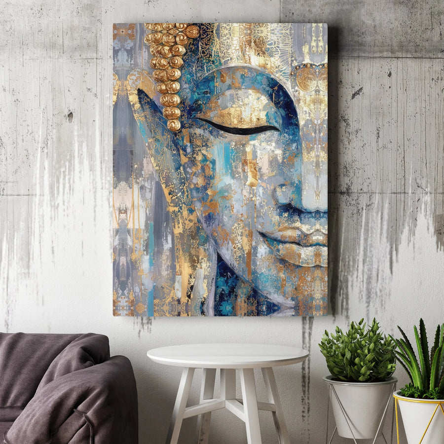 Buddha Wall Art Canvas Print | Abstract Blue and Gold Textured Art | Premium Thick Gallery Wrap Canvas | Yoga Studio & Meditation Room Decor Gift