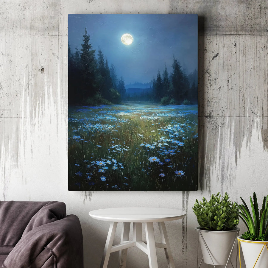 Midnight Forest Canvas Wall Art | Full Moon Over Blue Flower Meadow | Premium Gallery Wrap Print | Serene Nature Decor for Living Room