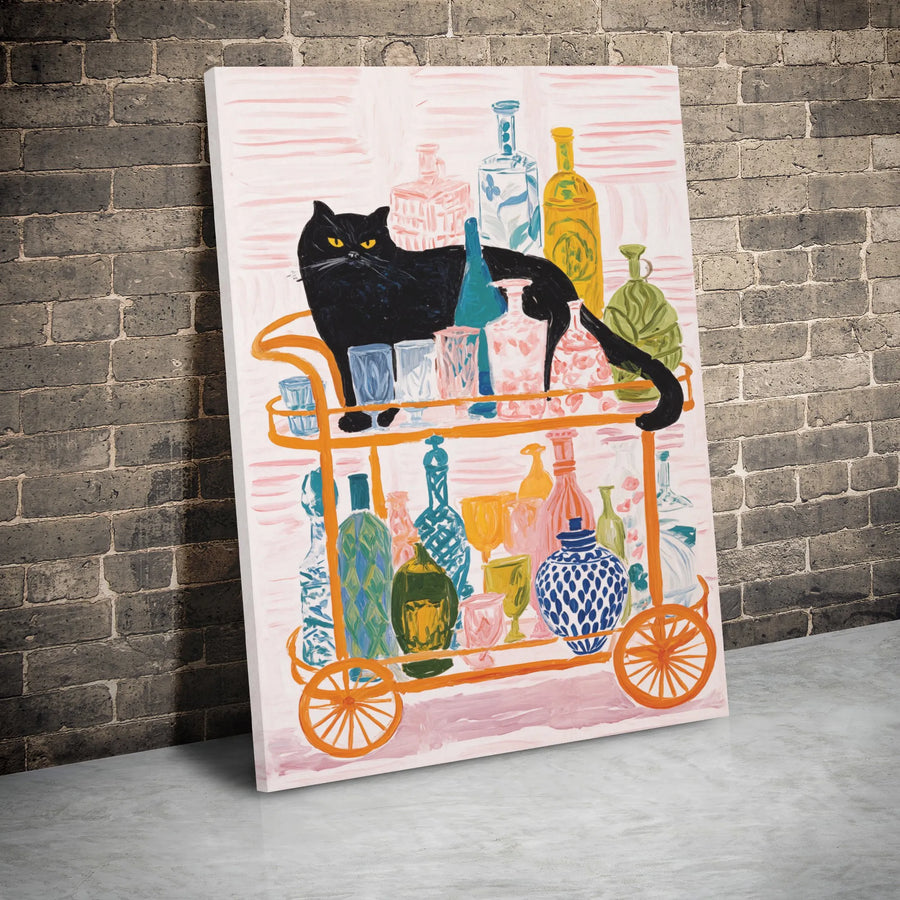 Black Cat Bar Cart Wall Art | Mid Century Modern Whimsical Canvas Print | Premium Gallery Wrap Decor | Unique Gift for Cat Lovers