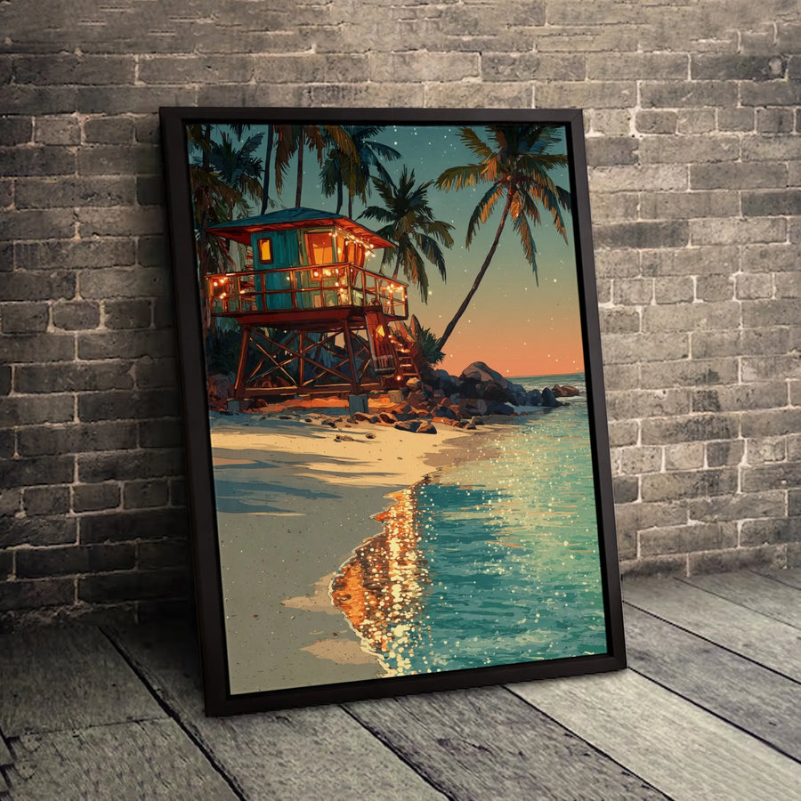 Tropical Beach Canvas Wall Art | Sunset Lifeguard Tower with Fairy Lights | Premium Gallery-Wrapped Print | Coastal Home Office Decor Gift