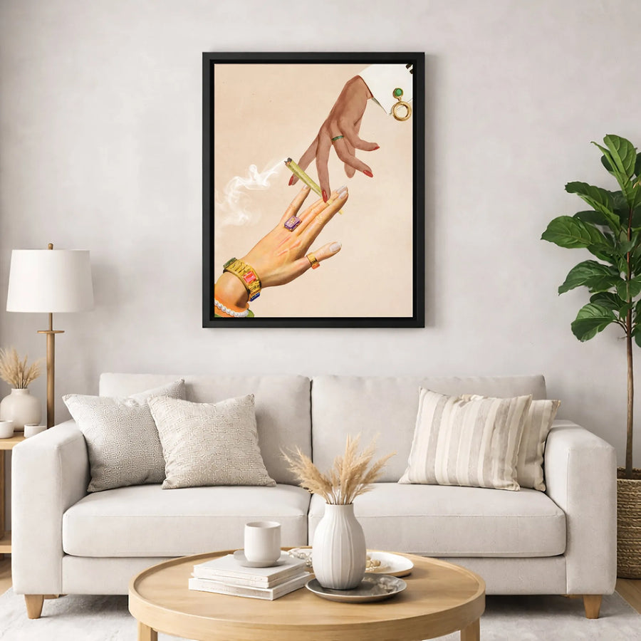 Passing Joint Canvas Print | Surreal Vintage Hand Collage Art | Premium Fade-Resistant Wall Decor | Bohemian Stoner Room Aesthetic Gift