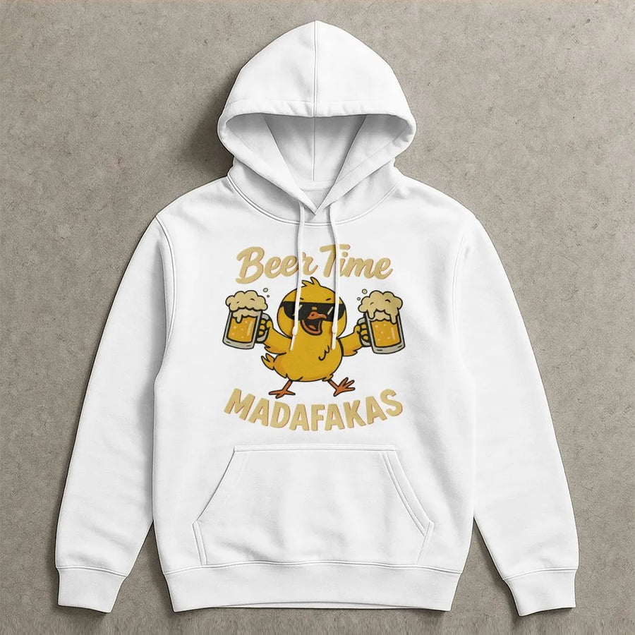 Beer Time Madafakas Graphic Hoodie | Funny Chick Drinking Beer Design | Premium Cotton-Blend Pullover | Sarcastic Gift for Beer Lovers