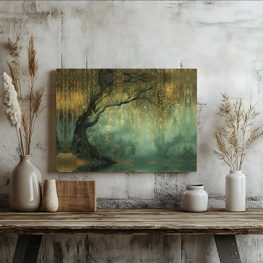 Enchanted Willow Tree Horizontal Canvas | Mystical Glowing Forest Landscape Art | Premium 1.25" Gallery Wrap | Magical Nature Wall Decor Gift for Living Room
