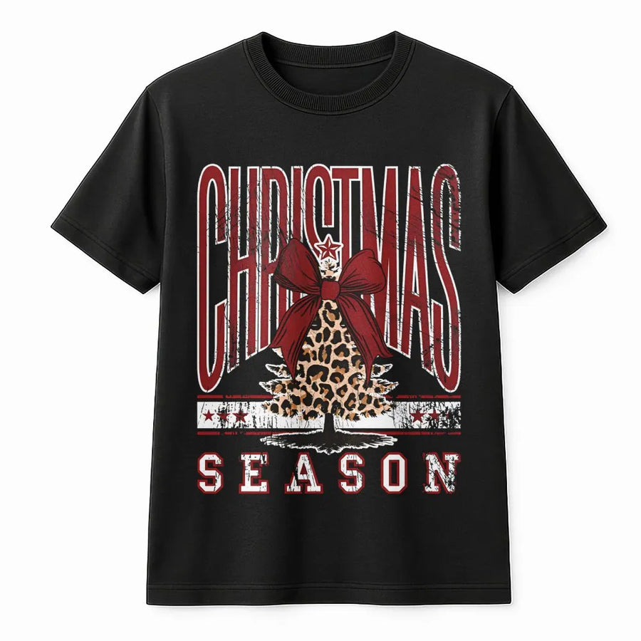 Christmas Season T-Shirt | Leopard Print Tree Bow Graphic | 100% Premium Cotton Tee | Festive Holiday Gift For Women & Teens