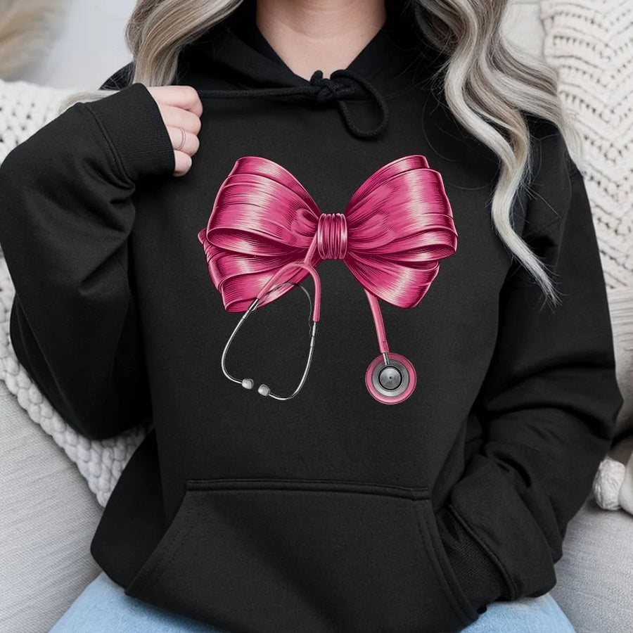 Nurse Stethoscope Bow Hoodie | Coquette Aesthetic Medical Design | Premium Cotton Blend | Gift for Nursing Student and Healthcare Worker