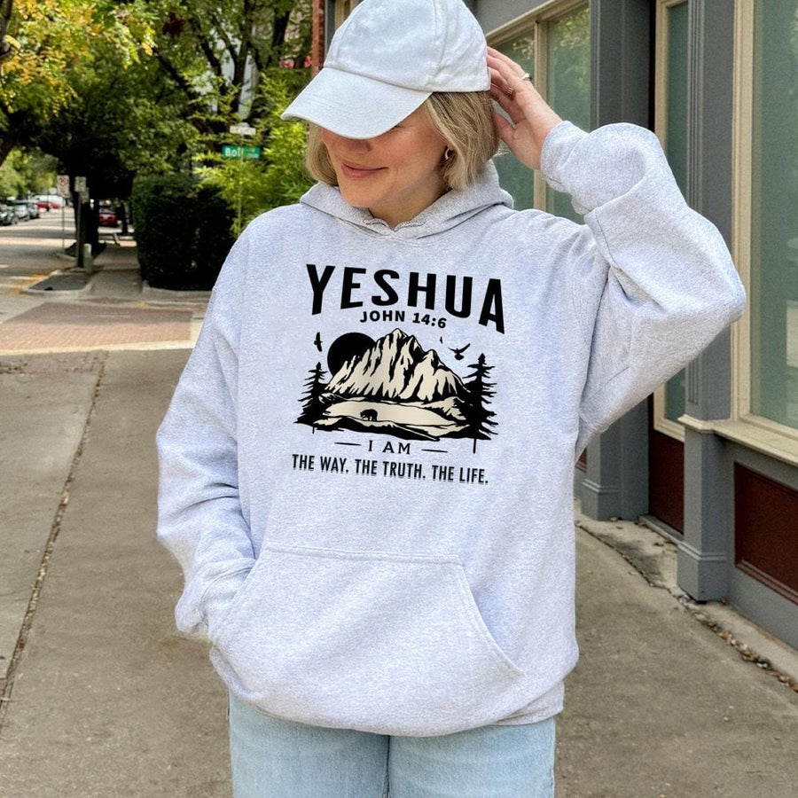 Yeshua John 14:6 Bible Verse Hoodie | Christian Mountain Landscape Graphic | Premium Cotton Blend | Faith-Based Religious Gift for Men and Women