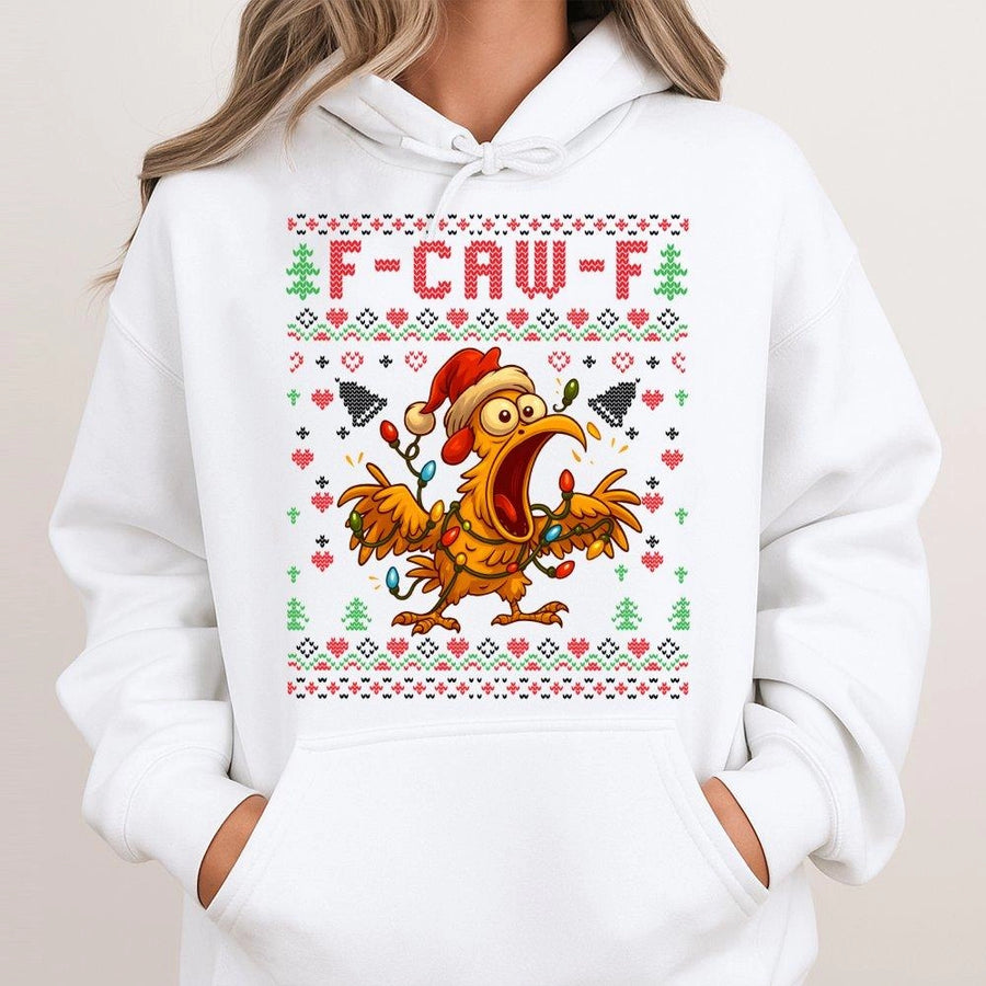 Funny Chicken Ugly Christmas Hoodie | F-Caw-F Poultry Holiday Graphic | Premium Cotton Blend Unisex Sweatshirt | Hilarious Xmas Party Gift