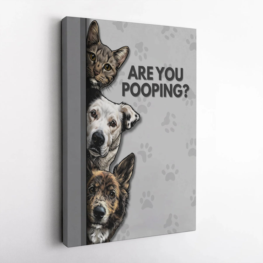 Are You Pooping Funny Bathroom Wall Art | Peeking Cat and Dog Canvas Print | 1.25" Premium Gallery Wrap | Humorous Pet Lover Home Decor Gift