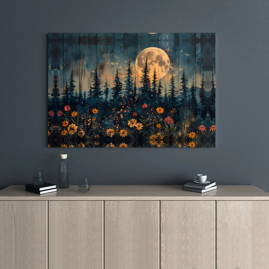 Full Moon Pine Forest Wall Art | Rustic Wildflower Field Canvas Print | 1.25" Gallery Wrap | Nature Landscape Decor for Living Room