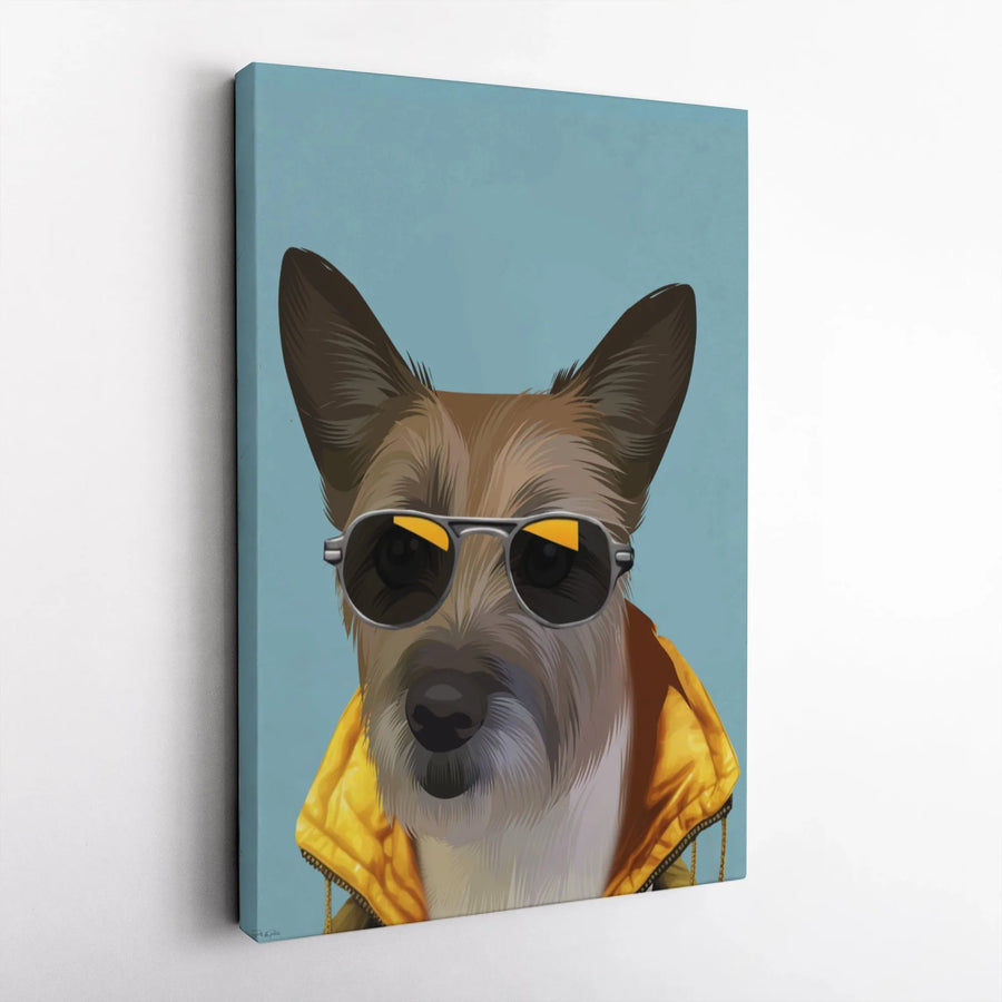 Cool Terrier Dog Portrait Canvas | Retro Aviator Sunglasses Yellow Jacket | Premium Gallery-Wrap Wall Art | Funny Pet Lover Gift Idea