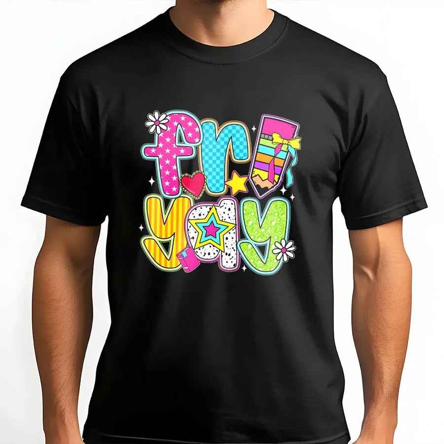Friyay Teacher T-Shirt | Cute Retro School Supplies Graphic | Premium Cotton Unisex Tee | Funny Friday Gift for Elementary Kindergarten Teachers
