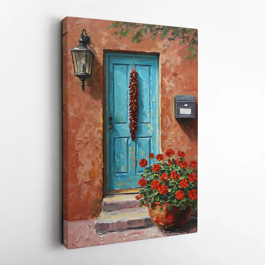 Blue Door Canvas Wall Art | Impasto Southwest Chili Ristra Print | Gallery Wrap Home Decor | Mediterranean Style Gift for Living Room