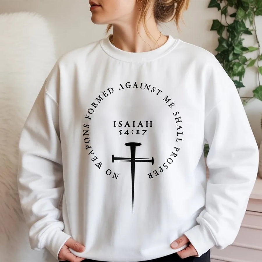 Isaiah 54:17 Sweatshirt | No Weapons Formed Against Me Christian Verse | Premium Cotton Blend Crewneck | Religious Gift for Men and Women